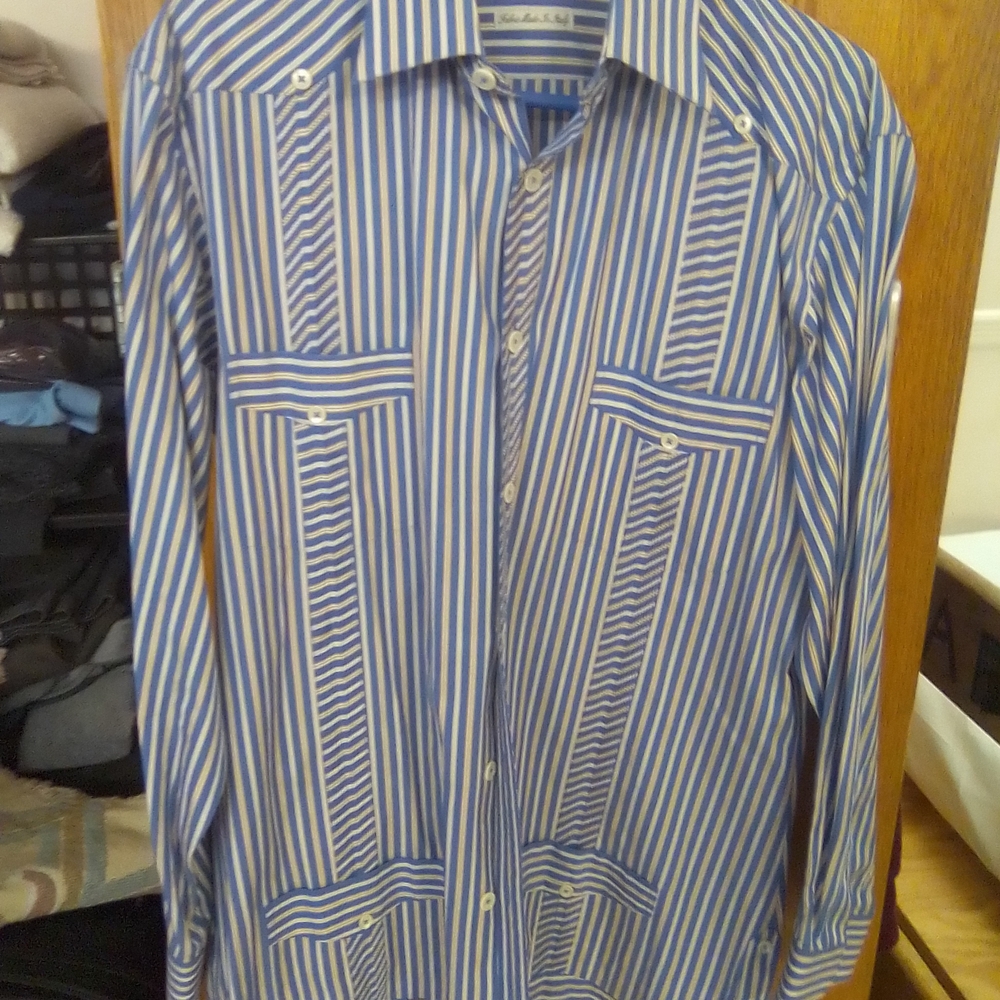 Navy and White Striped Dress Shirt for Office